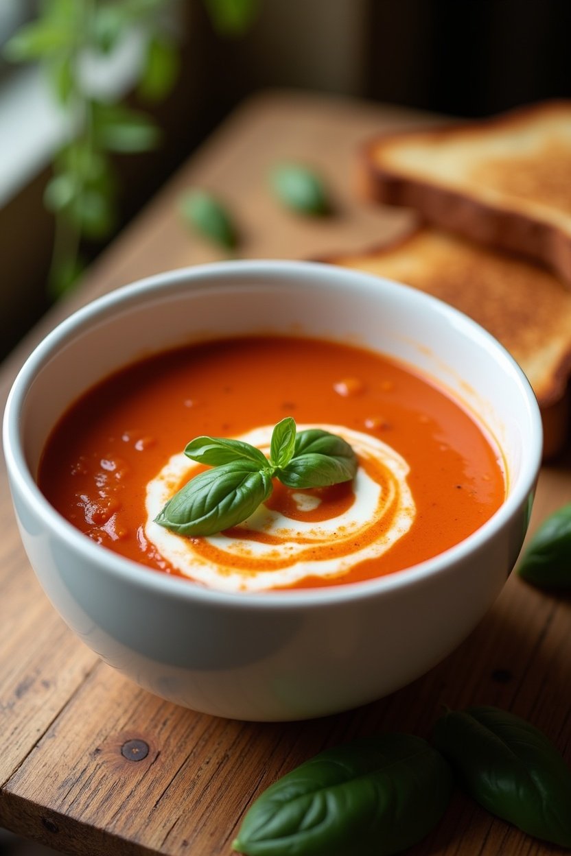 Creamy tomato basil soup in a white ceramic bowl, swirl of cream on top with fresh basil leaves, grilled cheese sandwich alongside, rustic wooden table, warm cozy lighting