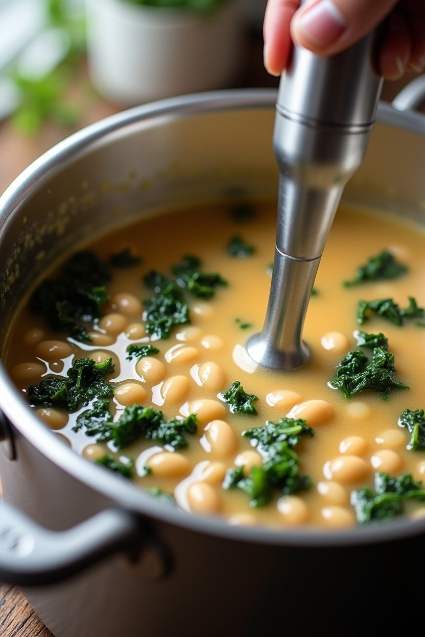 Immersion blender partially blending white bean soup in a large pot, creamy texture forming, kale and whole beans visible, cooking process