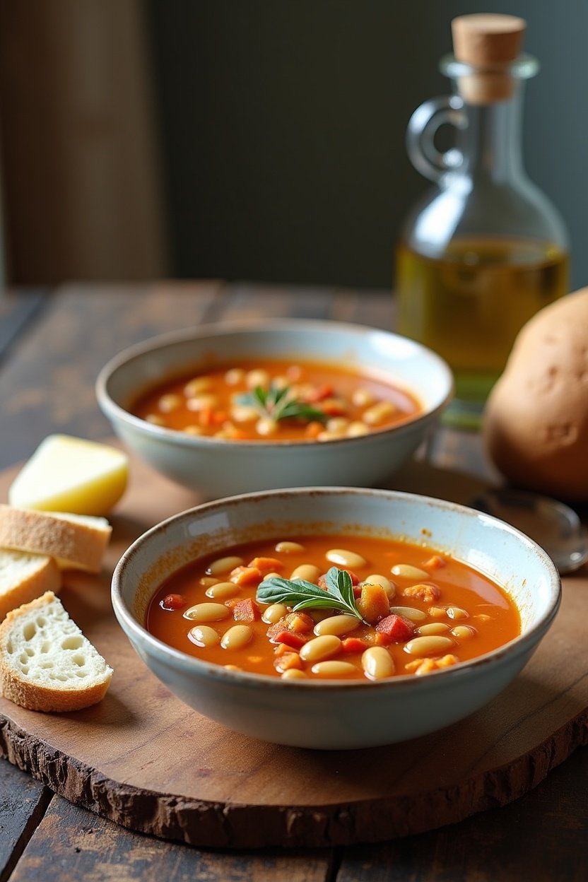 Two bowls of tuscan white bean soup served with sliced crusty bread on a wooden board, olive oil bottle, parmesan wedge, rustic table setting