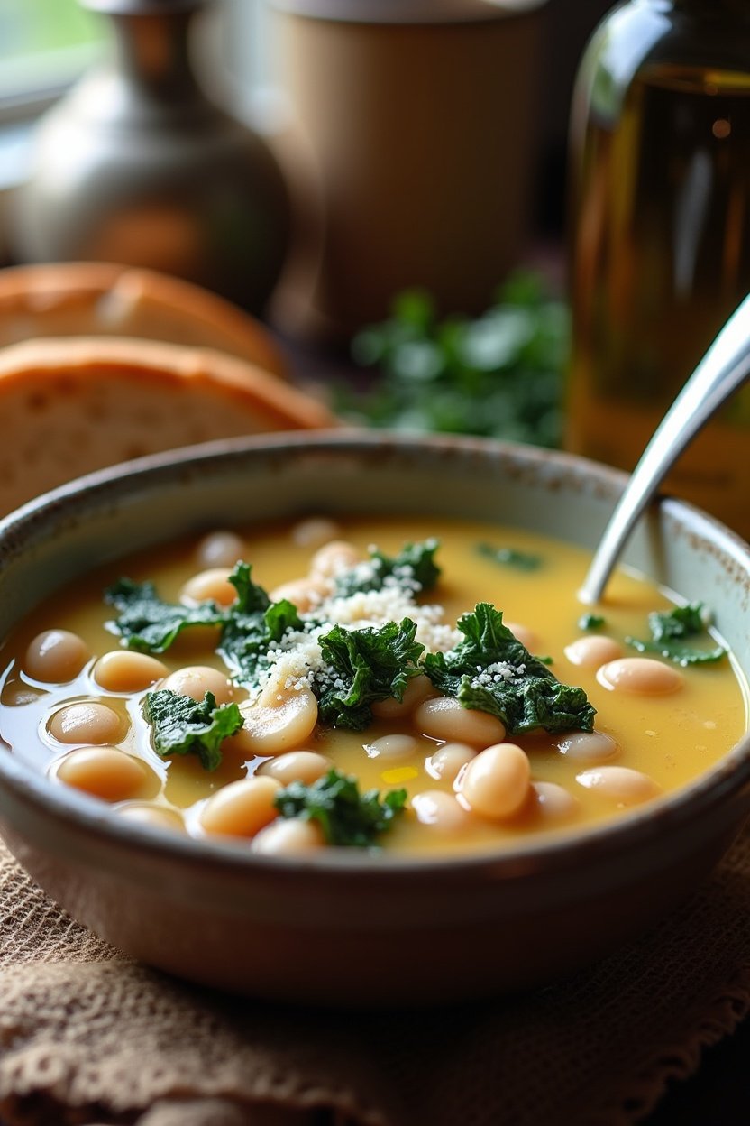 Rustic bowl of creamy tuscan white bean soup with kale, drizzle of olive oil, grated parmesan on top, crusty bread alongside, warm Italian kitchen setting