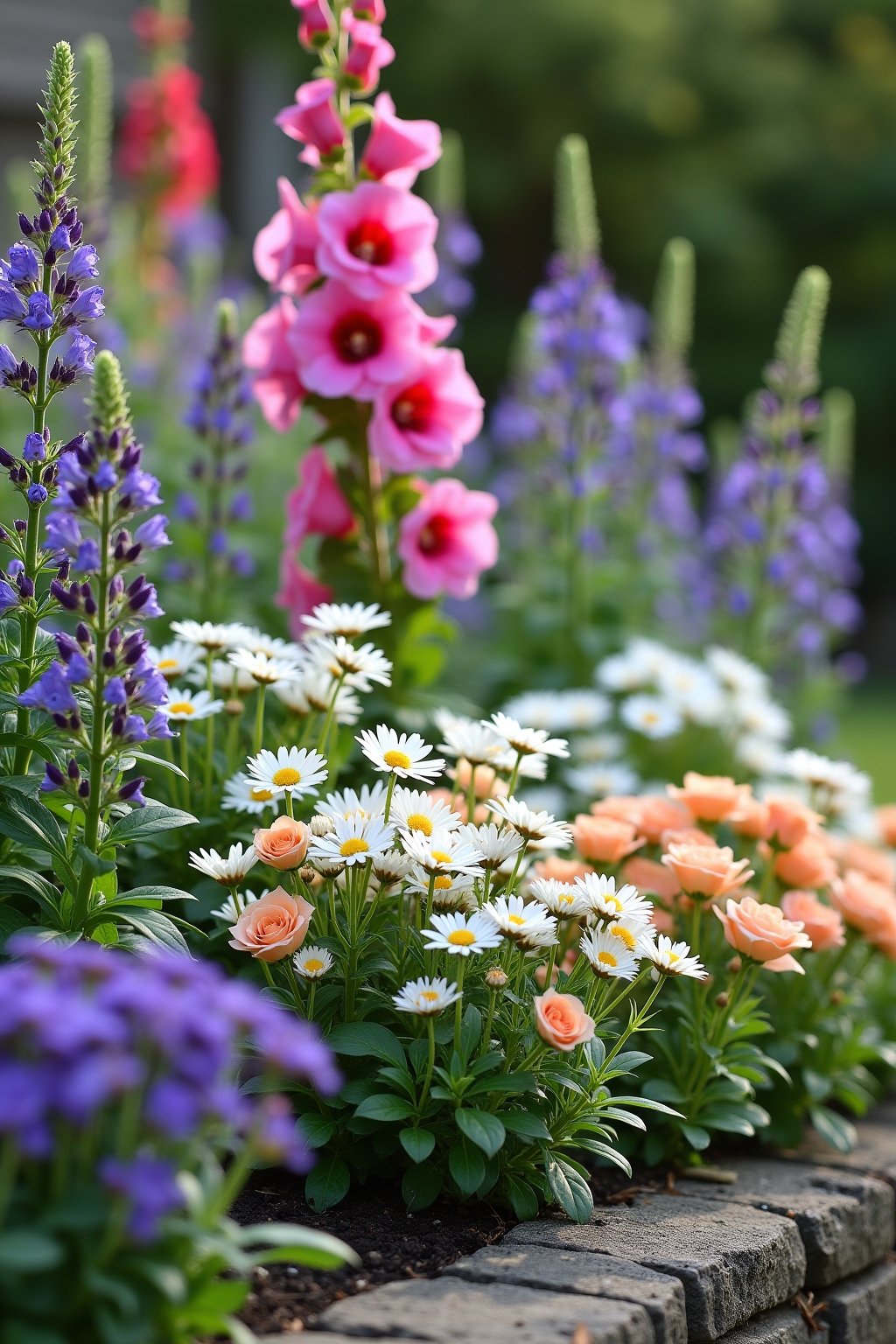 Close-up of a colorful cottage garden border showing the three-layer planting technique: tall pink hollyhocks and purple delphiniums in the back, mid-height white Shasta daisies and peach roses in ...