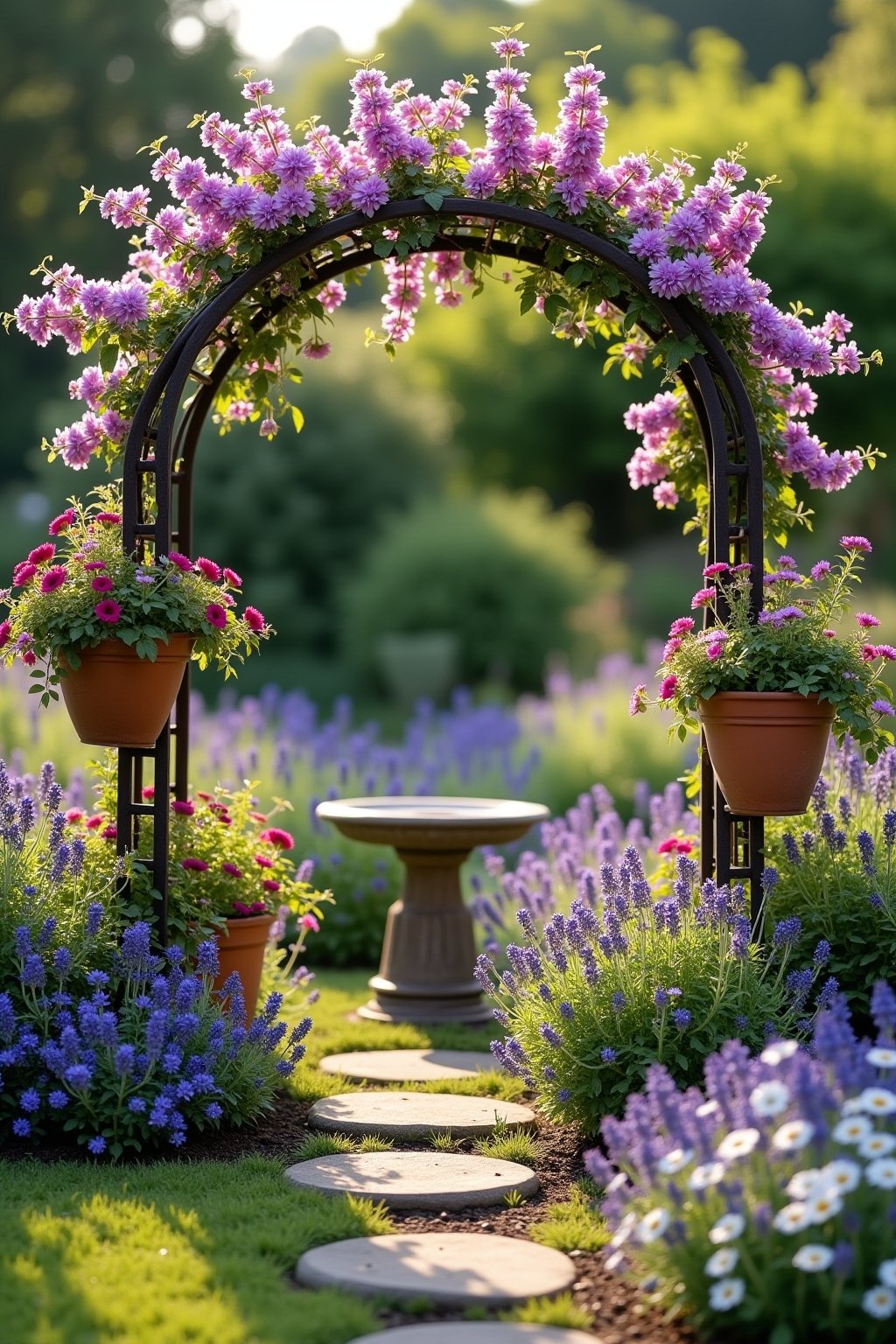 A charming cottage garden detail with a rustic metal garden arch covered in purple clematis and pink roses, terracotta pots filled with trailing nasturtiums and purple petunias at the base, a weath...