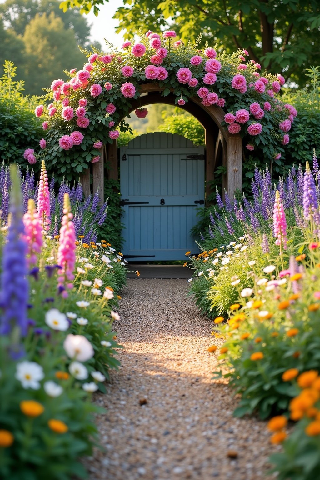 A breathtaking English cottage garden in full summer bloom with a rustic wooden arch covered in pink climbing roses, a winding gravel path leading to a weathered blue wooden garden gate, tall purpl...