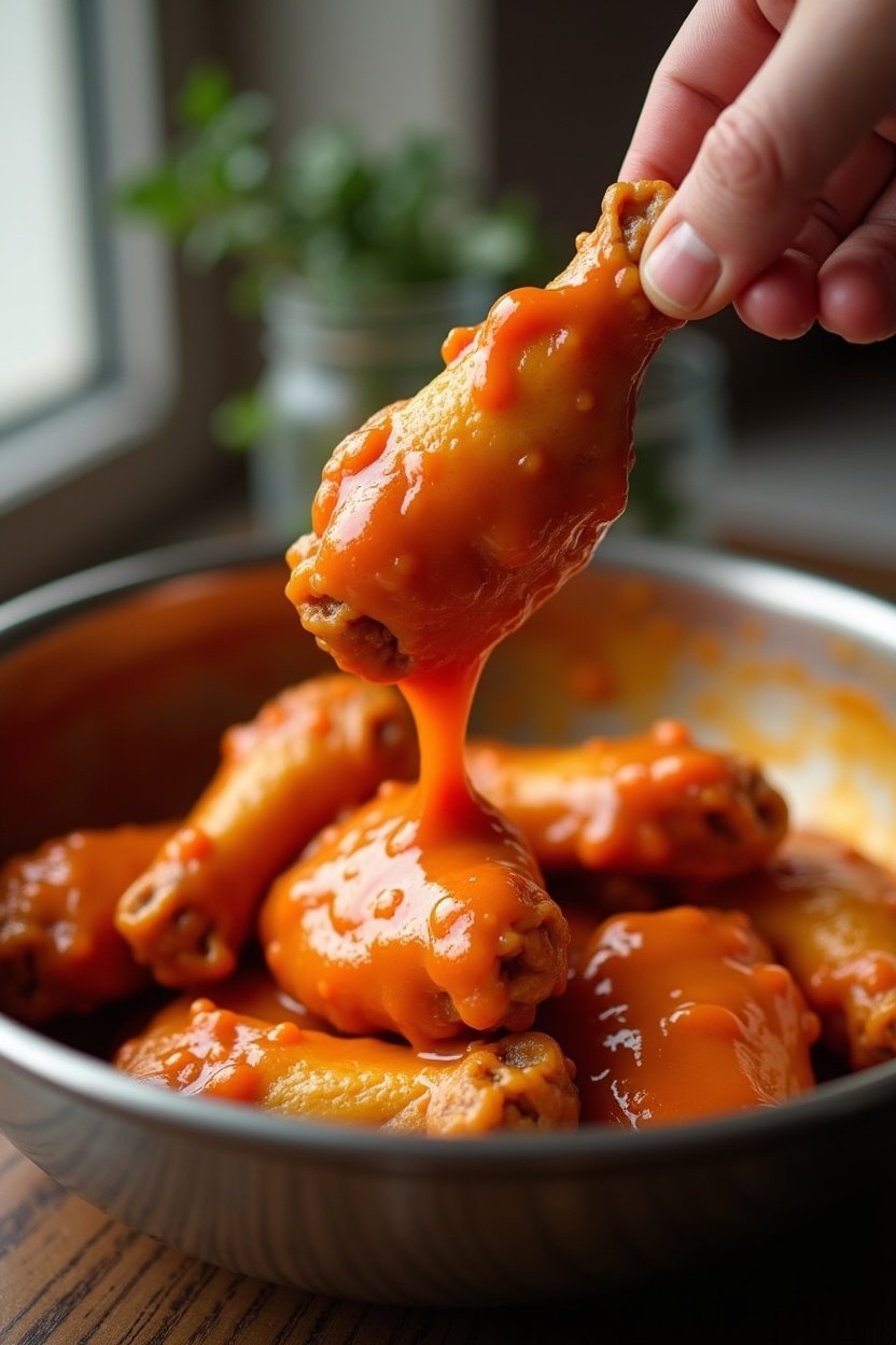 Wings being tossed in buffalo sauce in a large bowl, glossy orange sauce coating crispy wings, action cooking shot