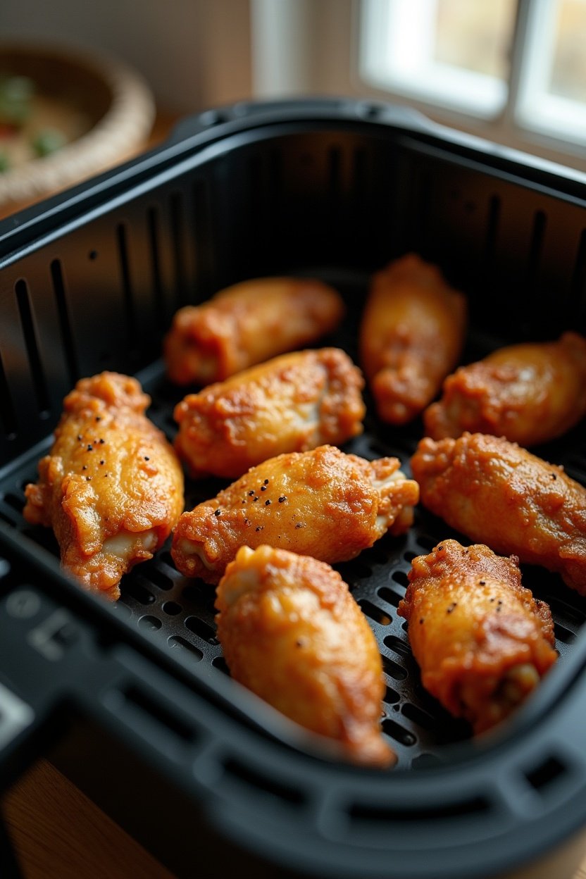 Air fryer basket with golden crispy chicken wings arranged in a single layer, seasoning visible on the skin, kitchen appliance scene