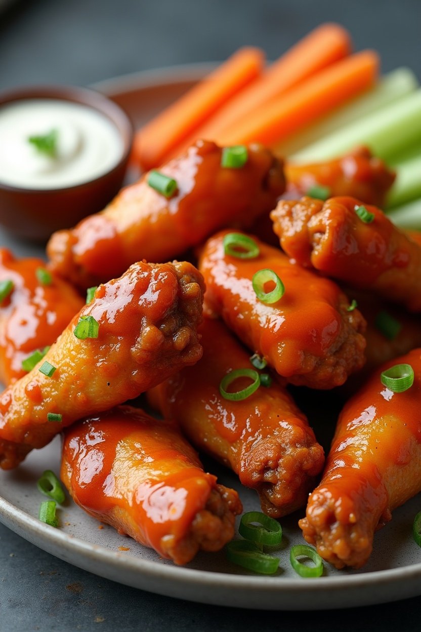 Crispy air fryer chicken wings piled on a plate, glossy buffalo sauce coating, celery and carrot sticks alongside, small bowl of ranch dressing, casual game day food photography