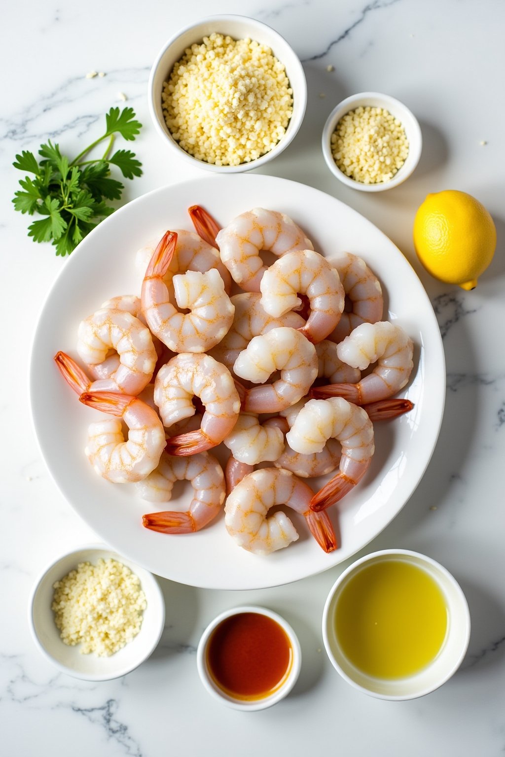 Flat lay ingredients for garlic parmesan shrimp — raw large shrimp arranged in a circle, small bowls of panko breadcrumbs, grated Parmesan cheese, minced garlic, olive oil, lemon, paprika, fresh pa...