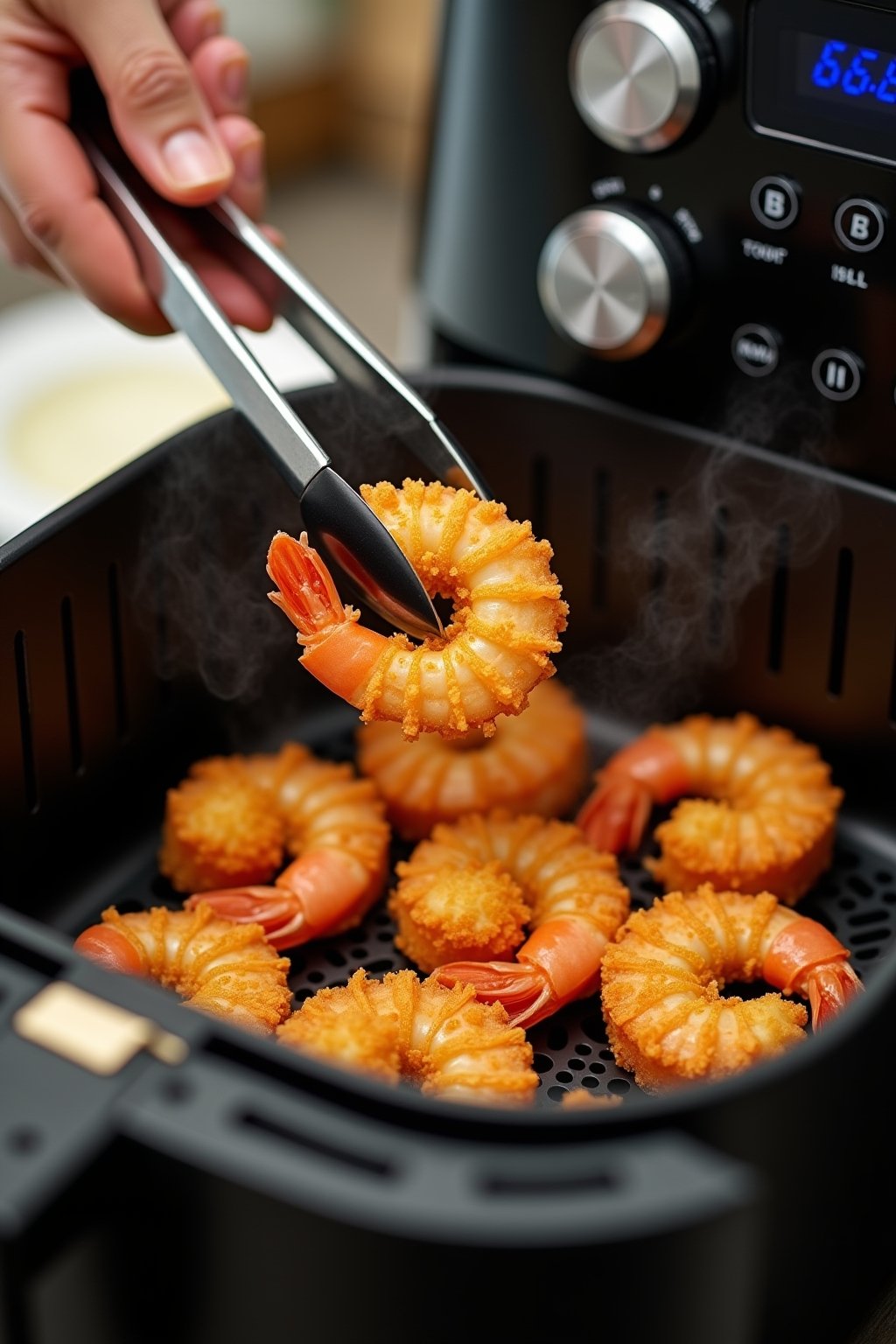 Air fryer basket open showing perfectly golden crispy breaded shrimp in a single layer, steam rising, hand reaching with tongs to flip one shrimp, modern kitchen background with air fryer visible.