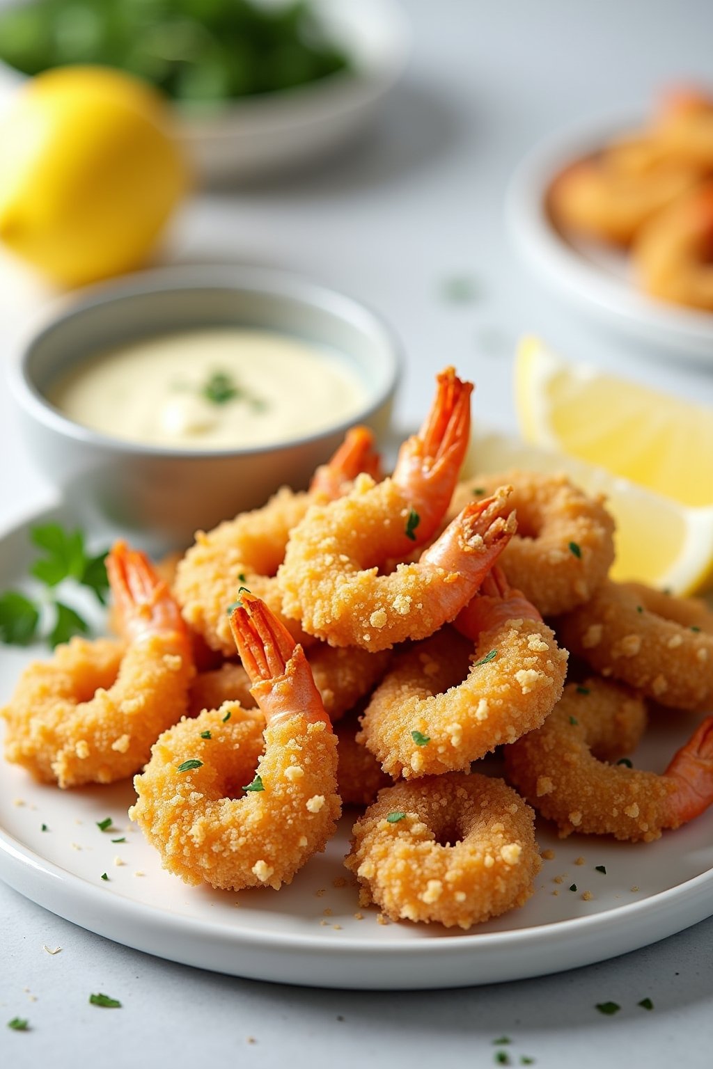 Crispy golden air fryer garlic parmesan shrimp piled on a white plate, perfectly breaded with visible parmesan and herb coating, lemon wedges on the side, fresh parsley garnish, small bowl of garli...