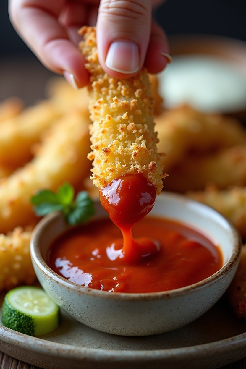 Close-up of zucchini fry being dipped into marinara sauce, crispy golden parmesan coating visible, hand holding the fry, appetizing food photography