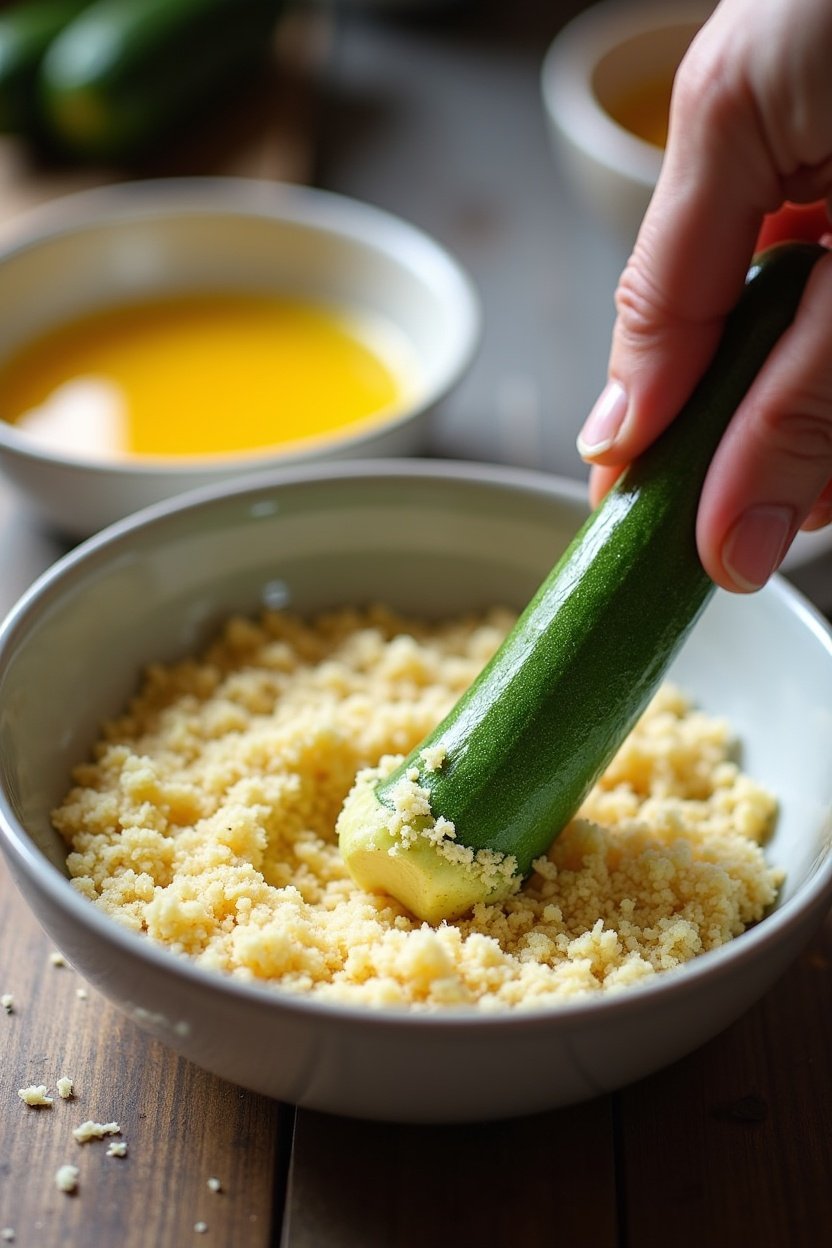 Zucchini sticks being coated in parmesan breadcrumb mixture in a shallow bowl, eggs in another bowl, preparation station, kitchen baking scene