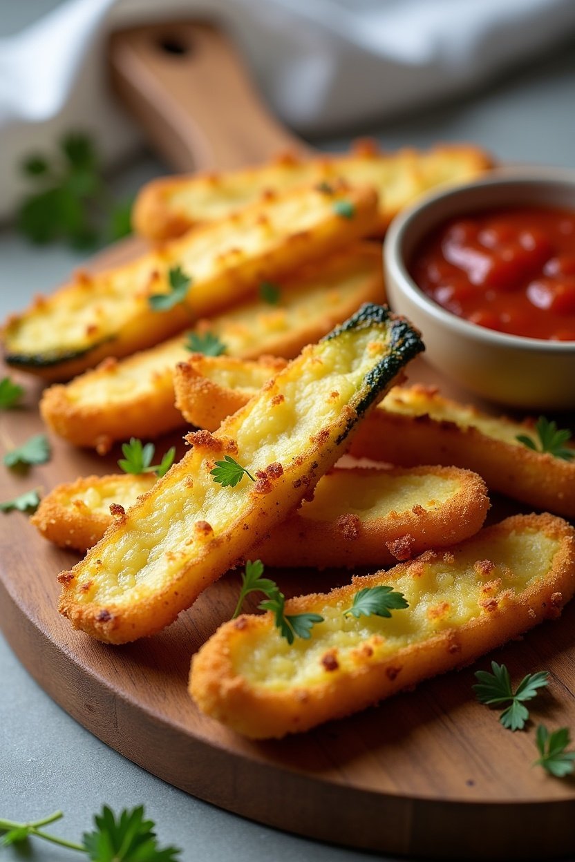 Golden crispy baked parmesan zucchini fries arranged on a wooden serving board, small bowl of marinara dipping sauce, fresh herbs scattered, appetizing golden color