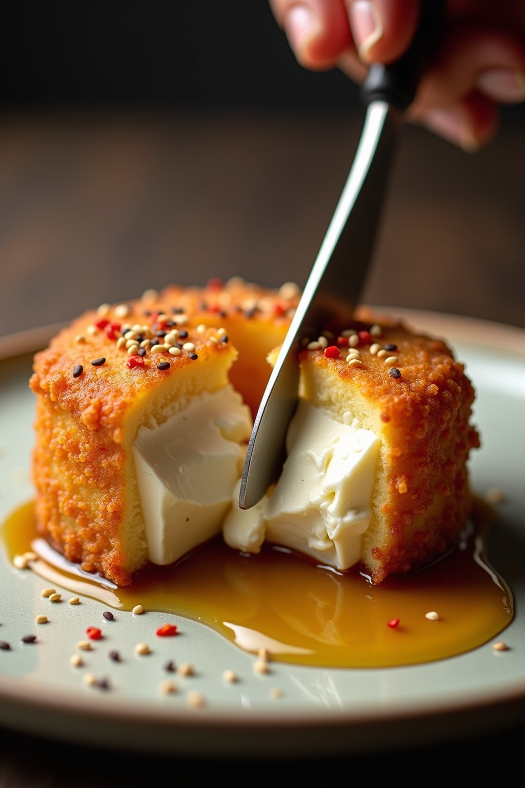 A close-up cross-section of crispy fried feta being cut open with a knife on a ceramic plate, showing the contrast between the shattering golden panko crust and the soft creamy white feta interior,...