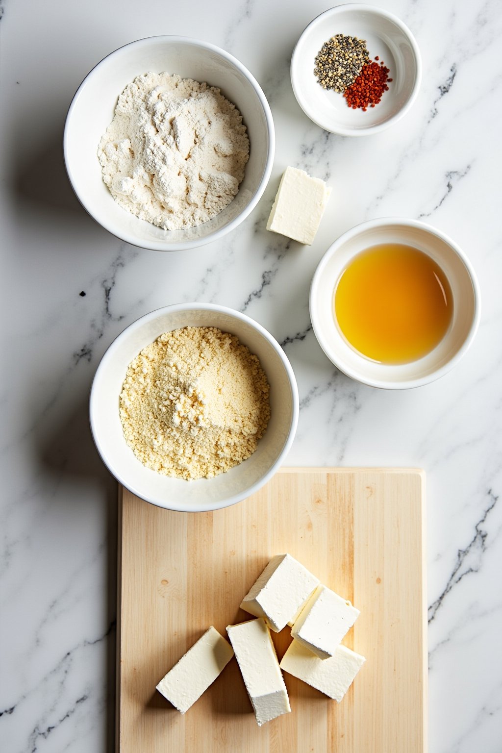 Overhead shot of a dredging station for making fried feta: three shallow bowls containing flour, whisked beaten mixture, and panko breadcrumbs arranged in a row, with blocks of white feta cheese on...