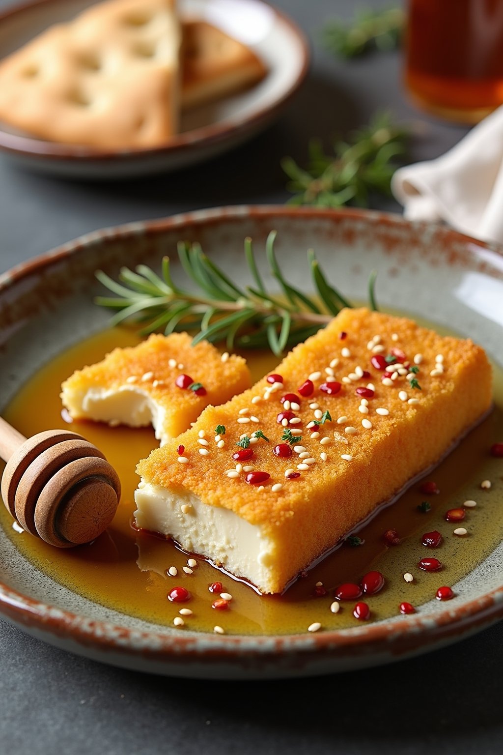 A stunning plate of two pieces of golden crispy panko-crusted fried feta cheese on a rustic ceramic plate, generously drizzled with glistening honey, scattered with toasted sesame seeds, red pepper...