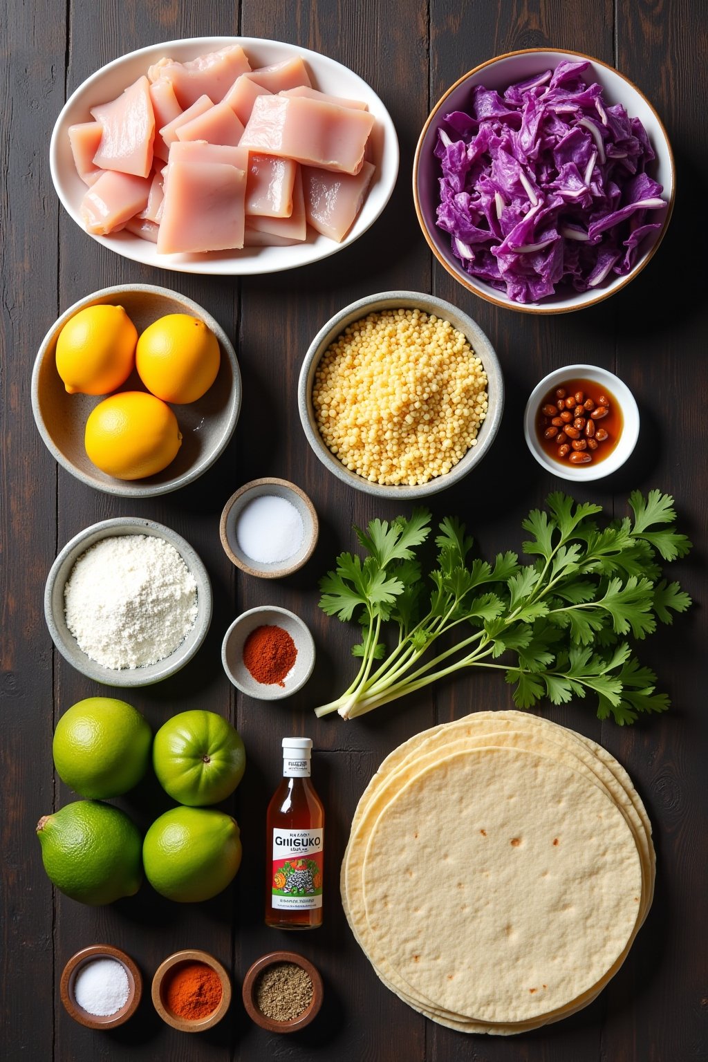 Flat lay of taco ingredients — raw chicken breast strips, panko breadcrumbs, bowl of eggs, flour, chipotle peppers in a small bowl, honey jar, purple cabbage, limes, avocado, cilantro, flour tortil...