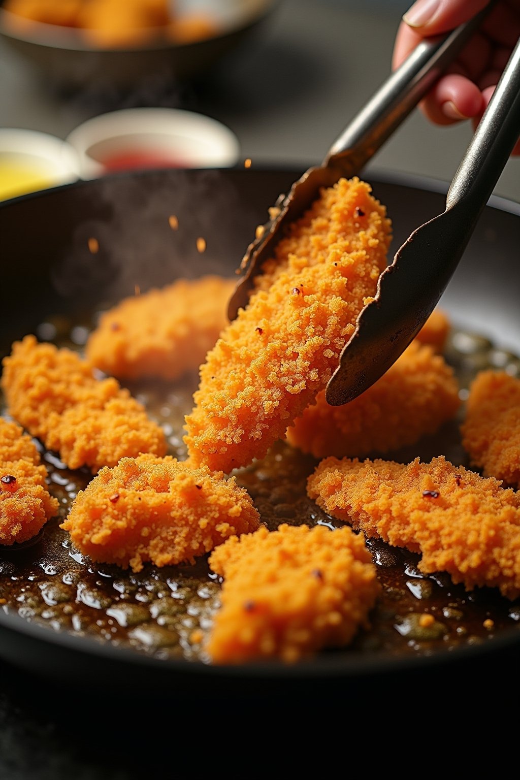 Action shot of golden crispy chicken strips being pan-fried in a sizzling skillet, panko coating perfectly golden and crunchy, tongs flipping one strip, oil bubbling around the edges, warm kitchen ...
