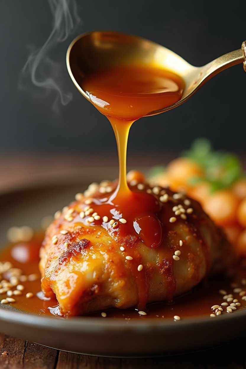 Close-up of honey garlic sauce being spooned over crispy chicken thigh, glossy sticky sauce dripping, sesame seeds, steam rising, appetizing food photography
