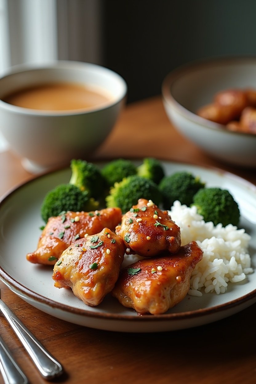 Plated crispy honey garlic chicken thighs with steamed white rice and roasted broccoli, ceramic plate on wooden table, chopsticks alongside, cozy dinner setting