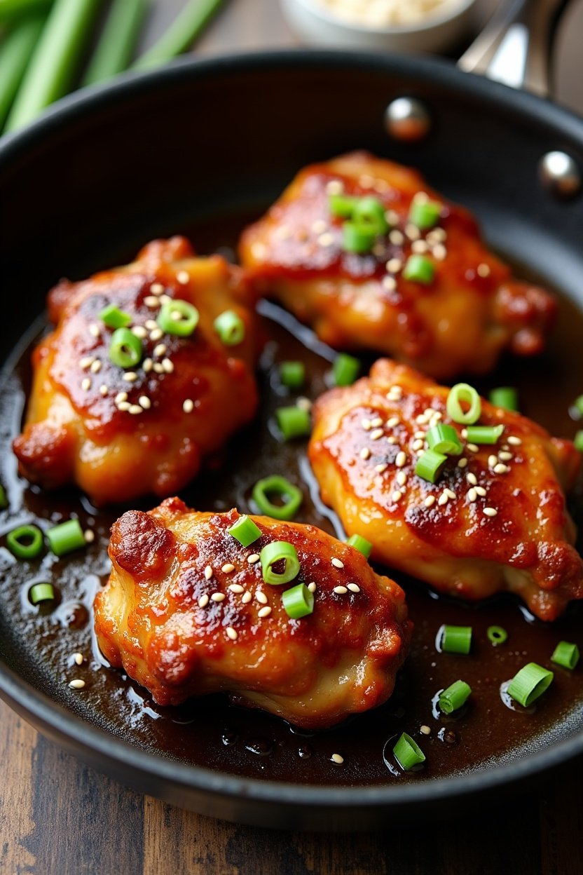Crispy honey garlic chicken thighs in a skillet with glossy caramelized sauce, golden brown crispy skin, sesame seeds and green onion garnish, warm kitchen lighting, overhead food photography
