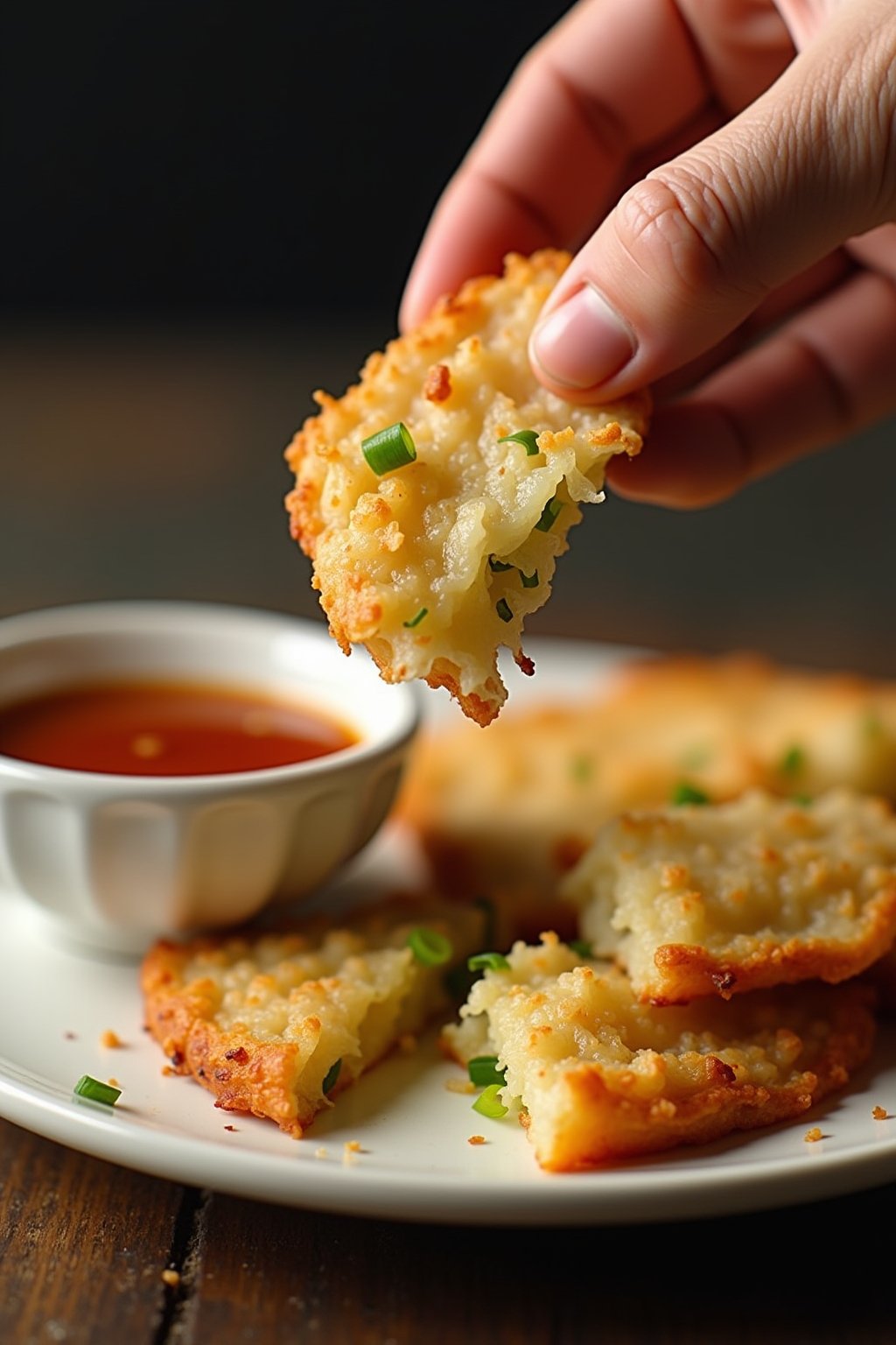 A close-up shot of a hand lifting a crispy rice paper scallion pancake wedge from a plate, showing the shatteringly crispy flaky layers pulling apart with visible scallion pieces, golden brown edge...