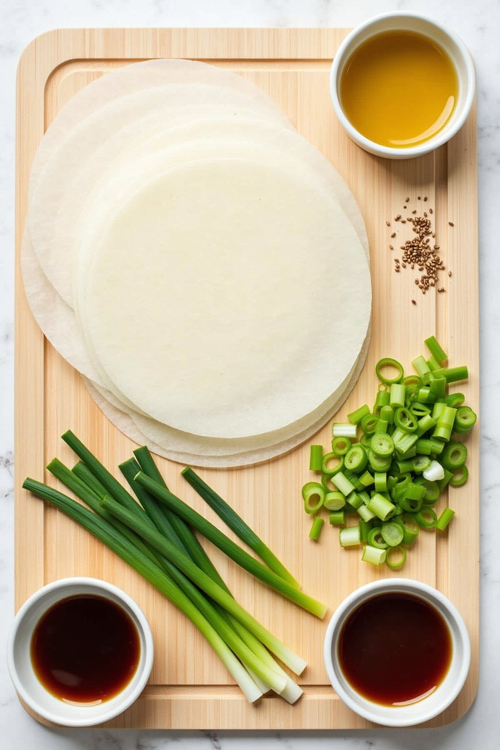 Overhead flat lay of ingredients for rice paper scallion pancakes: a stack of round translucent rice paper wrappers, a pile of thinly sliced fresh green scallions, a small dish of sesame oil, a sha...