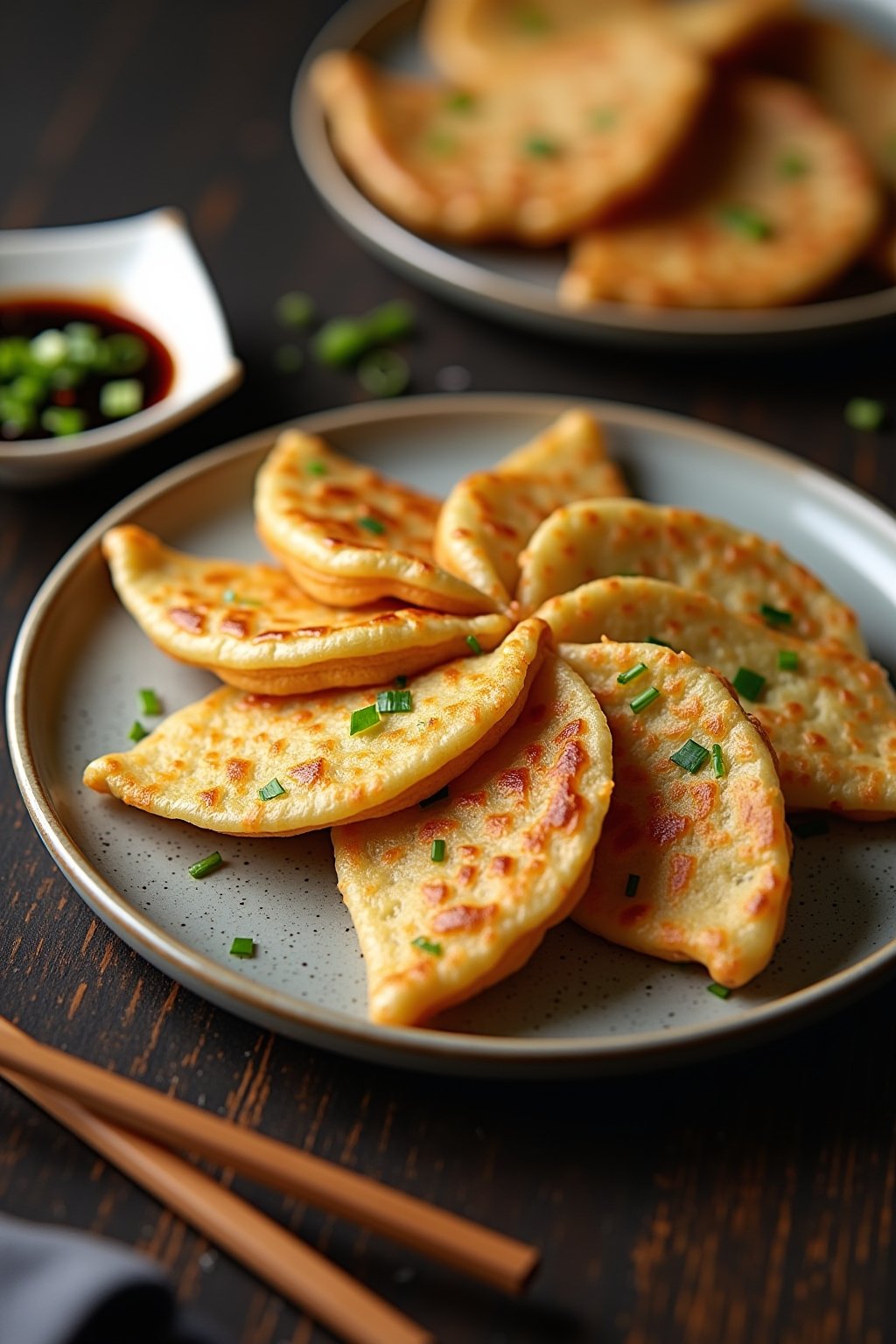 A plate of golden crispy rice paper scallion pancakes cut into triangular wedges on a round ceramic plate, showing the flaky layered texture with visible green scallion pieces throughout the crispy...