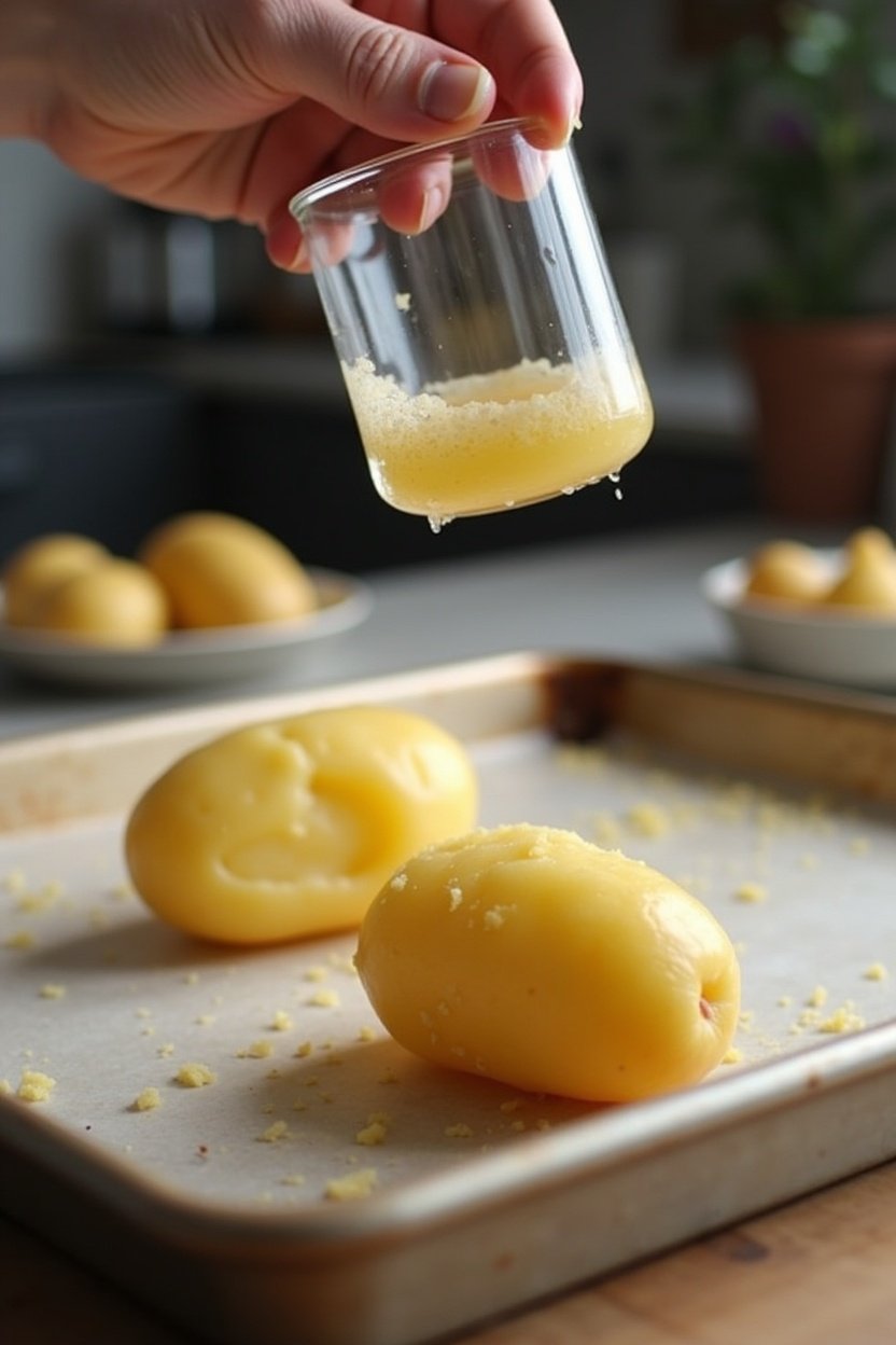 Glass pressing down on a boiled potato to smash it flat on a baking sheet, preparation step, other smashed potatoes around it, kitchen scene