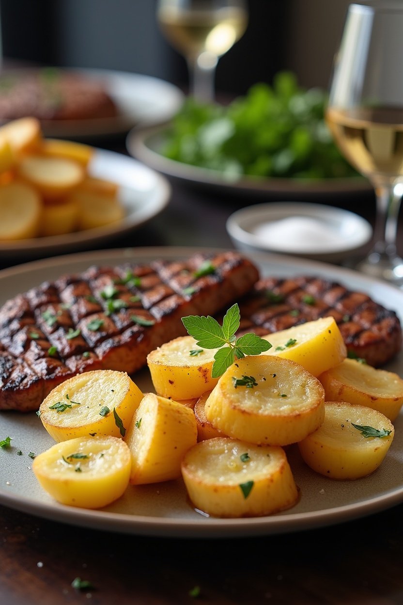 Plated crispy smashed potatoes as a side dish next to a grilled steak, fresh herbs, flaky salt visible, elegant dinner setting