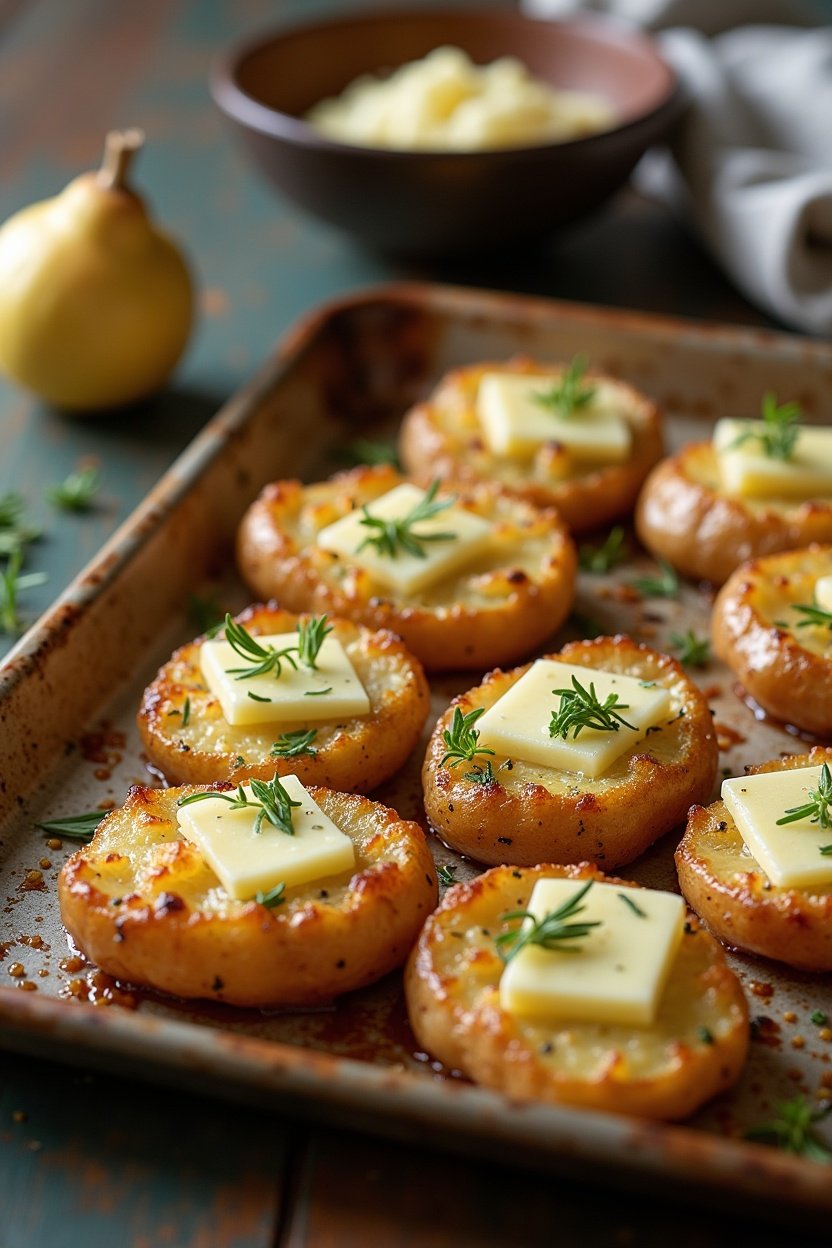 Crispy smashed potatoes on a baking sheet, golden brown crispy edges, garlic herb butter melting on top, fresh rosemary and parmesan, rustic kitchen setting