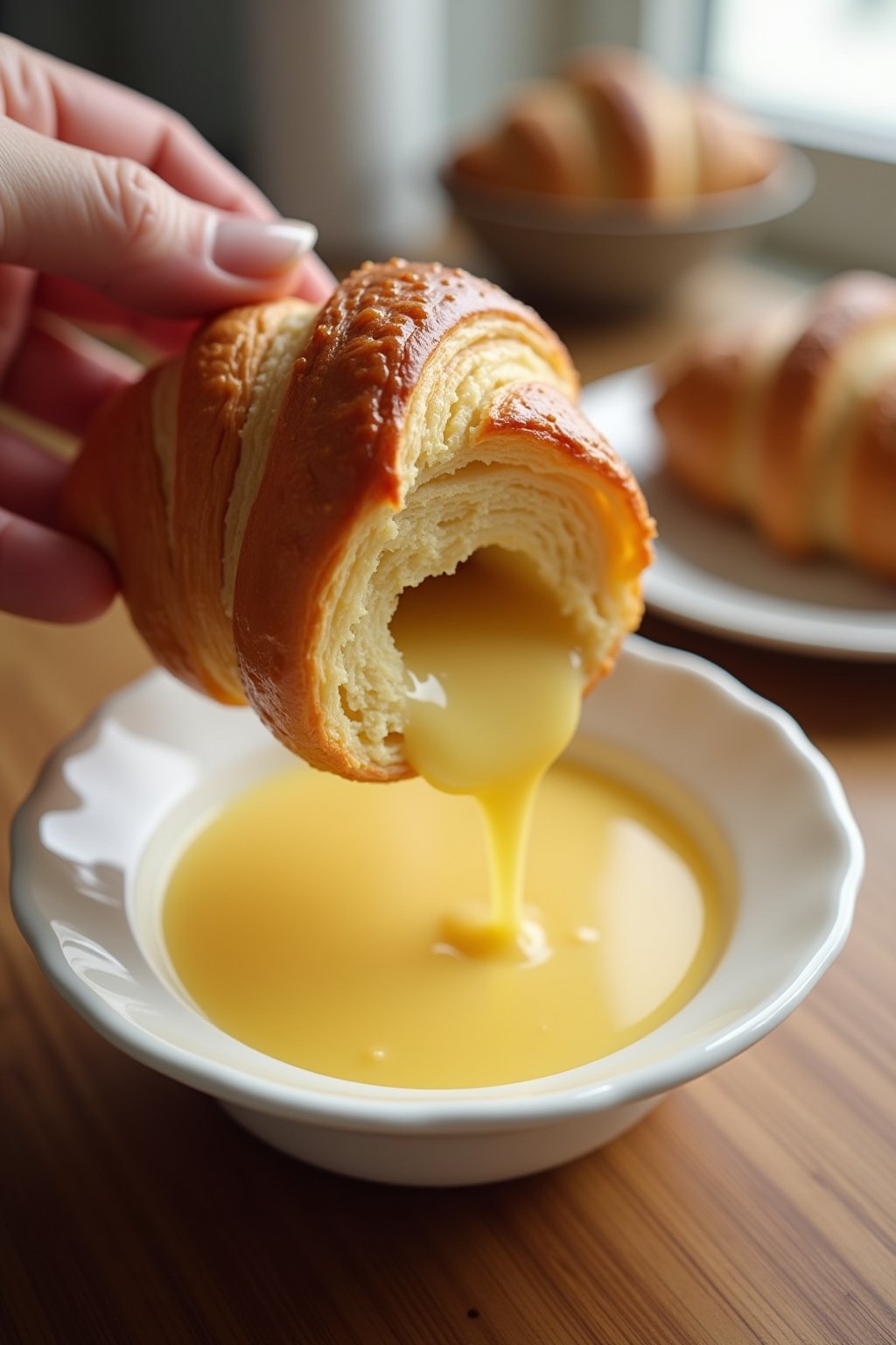 Close-up of a halved croissant being gently dipped into a shallow bowl of golden vanilla custard mixture with visible cinnamon specks, the flaky layers of the croissant visible as the custard soaks...