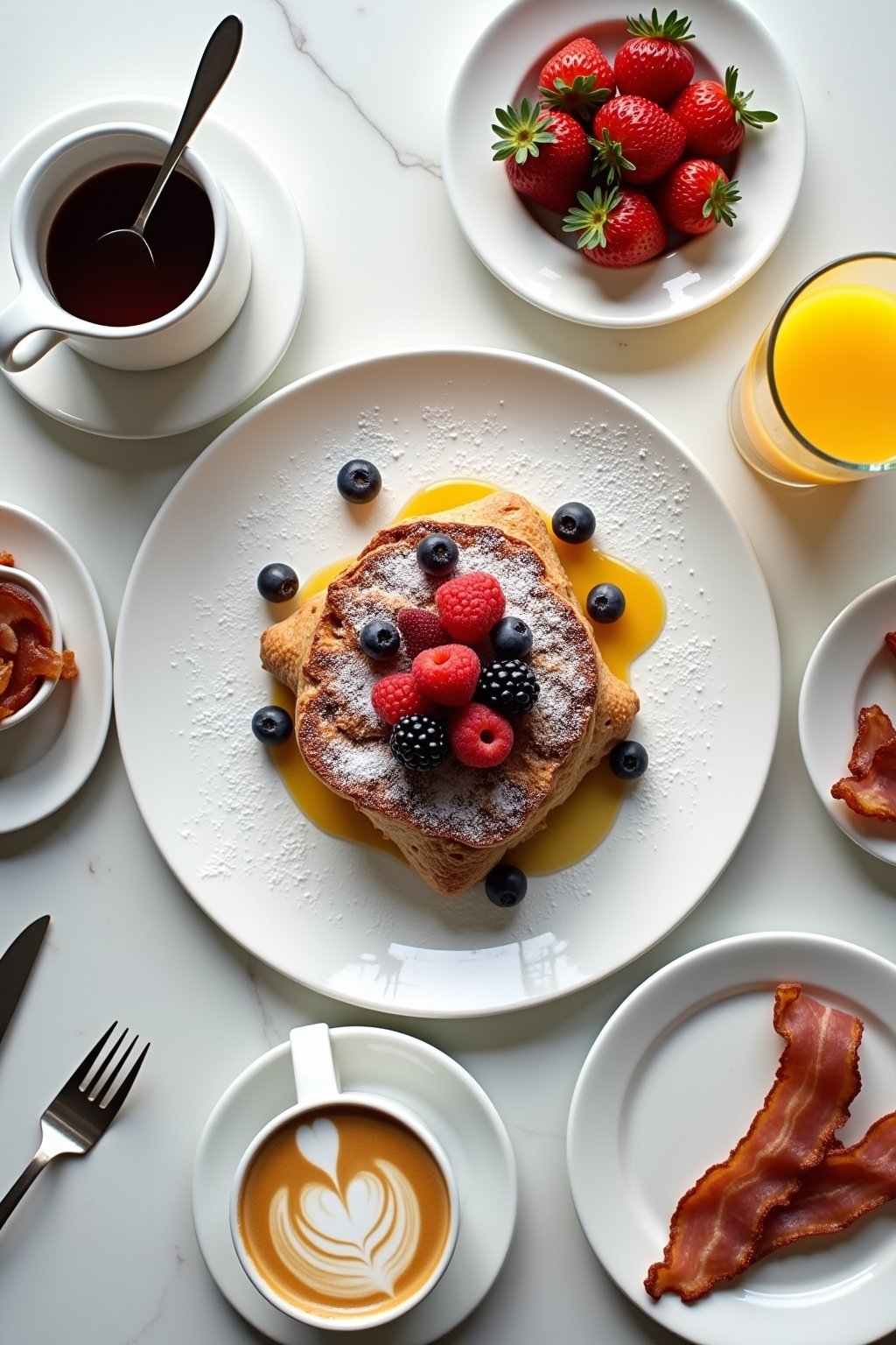 A complete brunch table spread viewed from above with a plate of golden croissant French toast topped with powdered sugar and mixed berries in the center, surrounded by a small pitcher of maple syr...