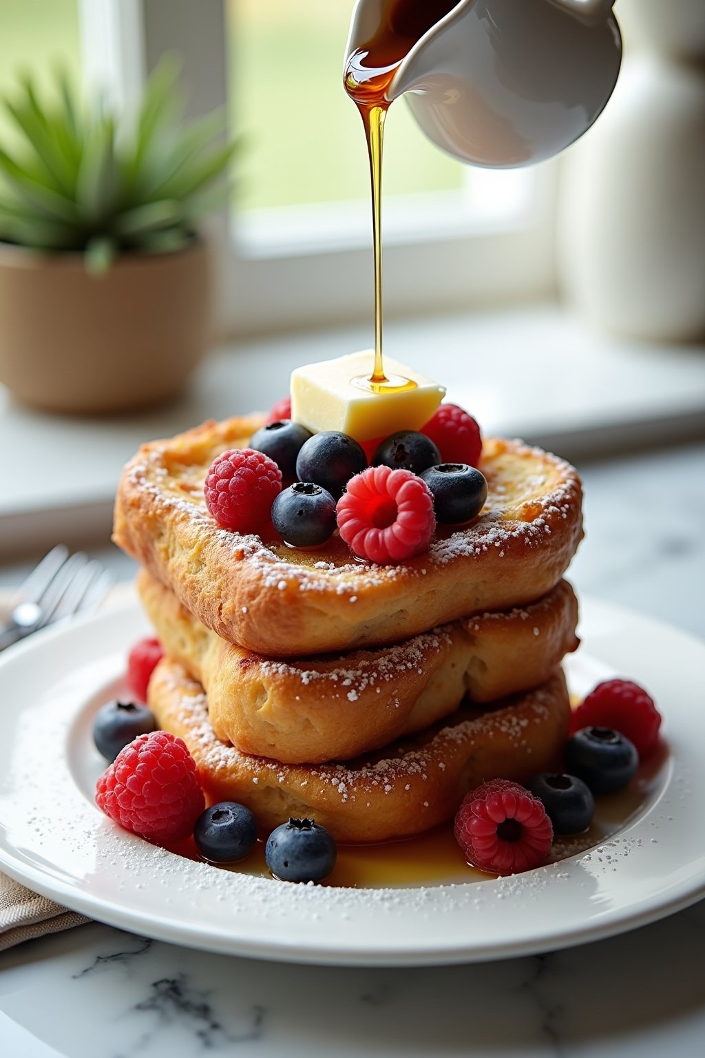 Stack of three golden-brown croissant French toast halves on a white ceramic plate, generously dusted with powdered sugar, topped with fresh strawberries blueberries and raspberries, maple syrup be...