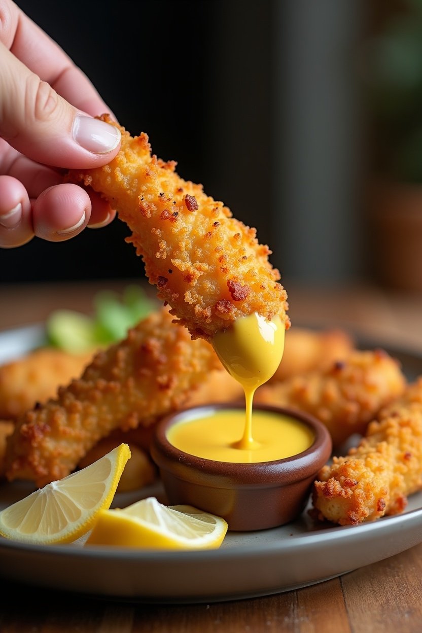 Chicken tender being dipped into honey mustard sauce, crispy golden coating visible, hand holding the tender, close-up food photography