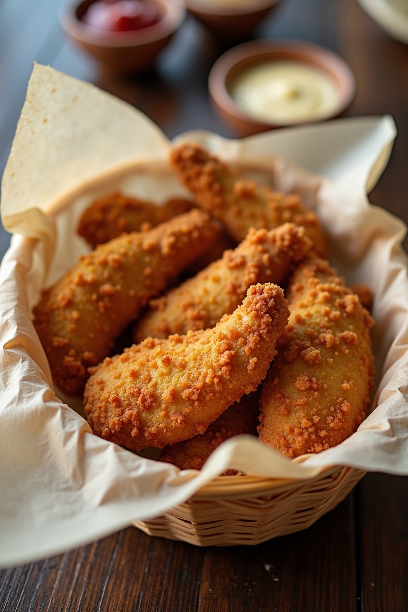 Basket of baked chicken tenders lined with parchment paper, ketchup and dipping sauces alongside, casual family dinner setting