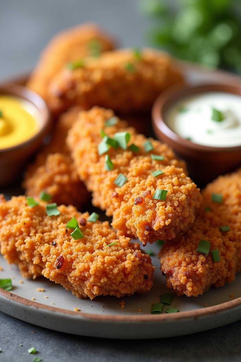 Crispy golden baked chicken tenders arranged on a plate with small bowls of honey mustard and ranch dipping sauce, crunchy panko coating visible, appetizing food photography