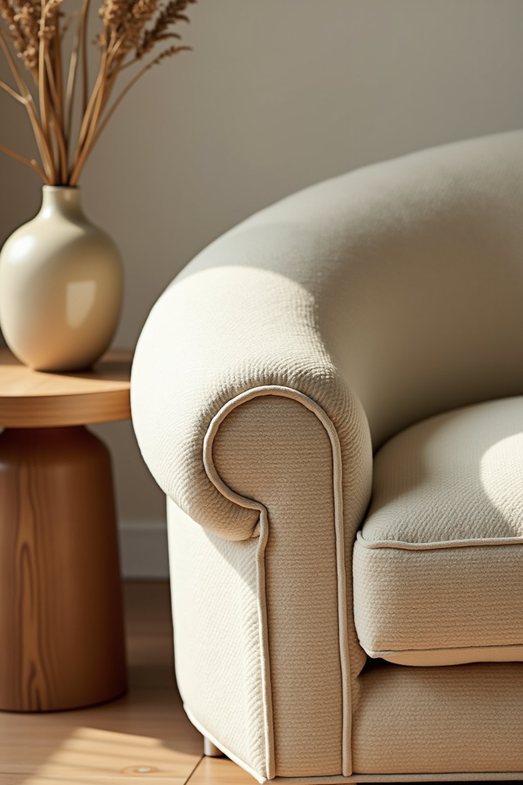 Close-up of curved furniture detail, cream boucle upholstery on a rounded sofa arm, showing the soft curve and texture, round ceramic vase on nearby round side table, warm afternoon light, shallow ...