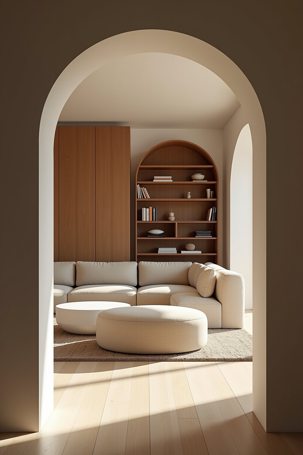 View from room entrance showing curved sofa arrangement in living room, round coffee table in center, arched bookcase against far wall, the curved shapes creating flow and movement in the space, na...
