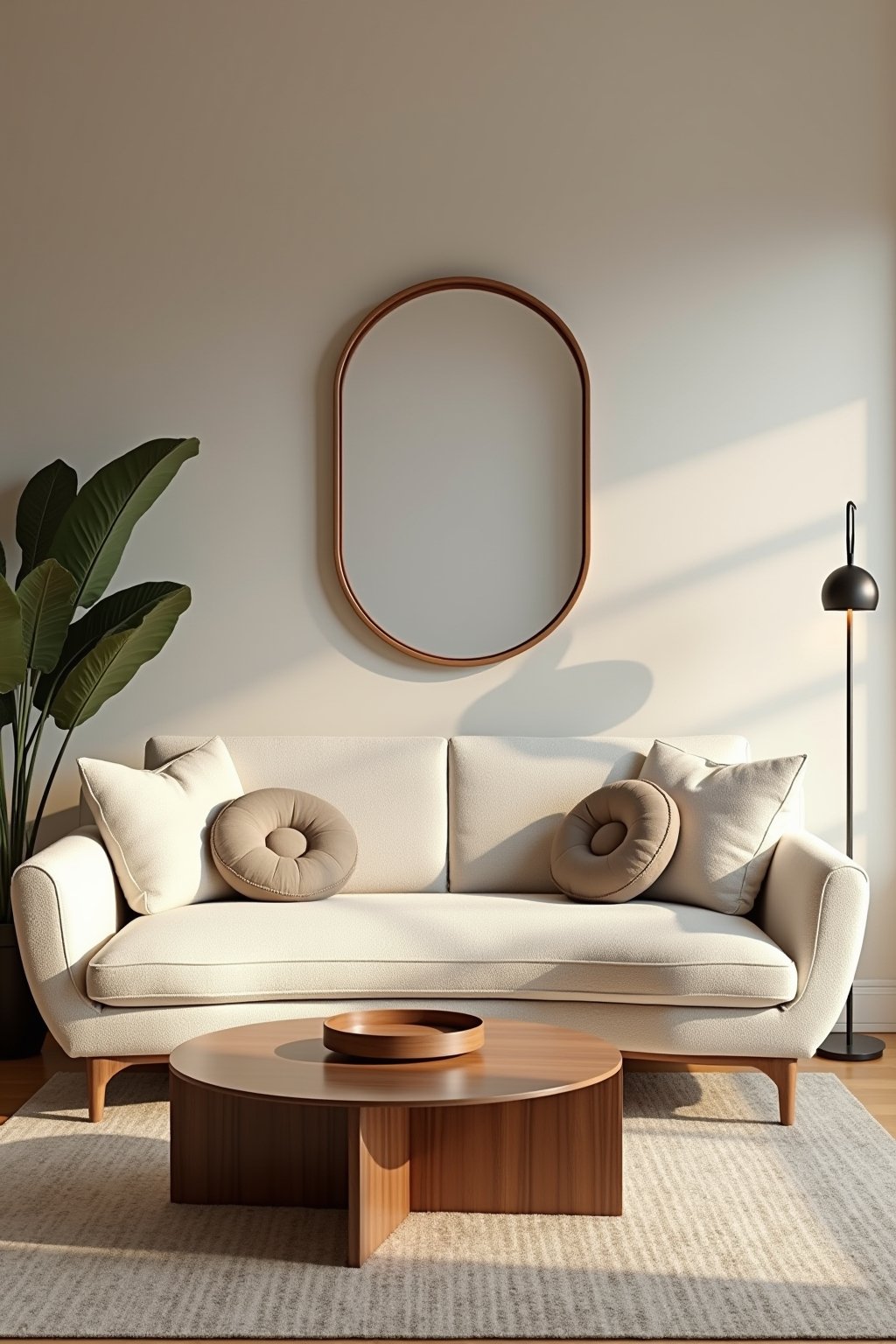A modern living room with a curved cream boucle sofa as the centerpiece, round walnut coffee table in front, arched floor lamp to the side, round throw pillows, arched mirror on wall, warm natural ...