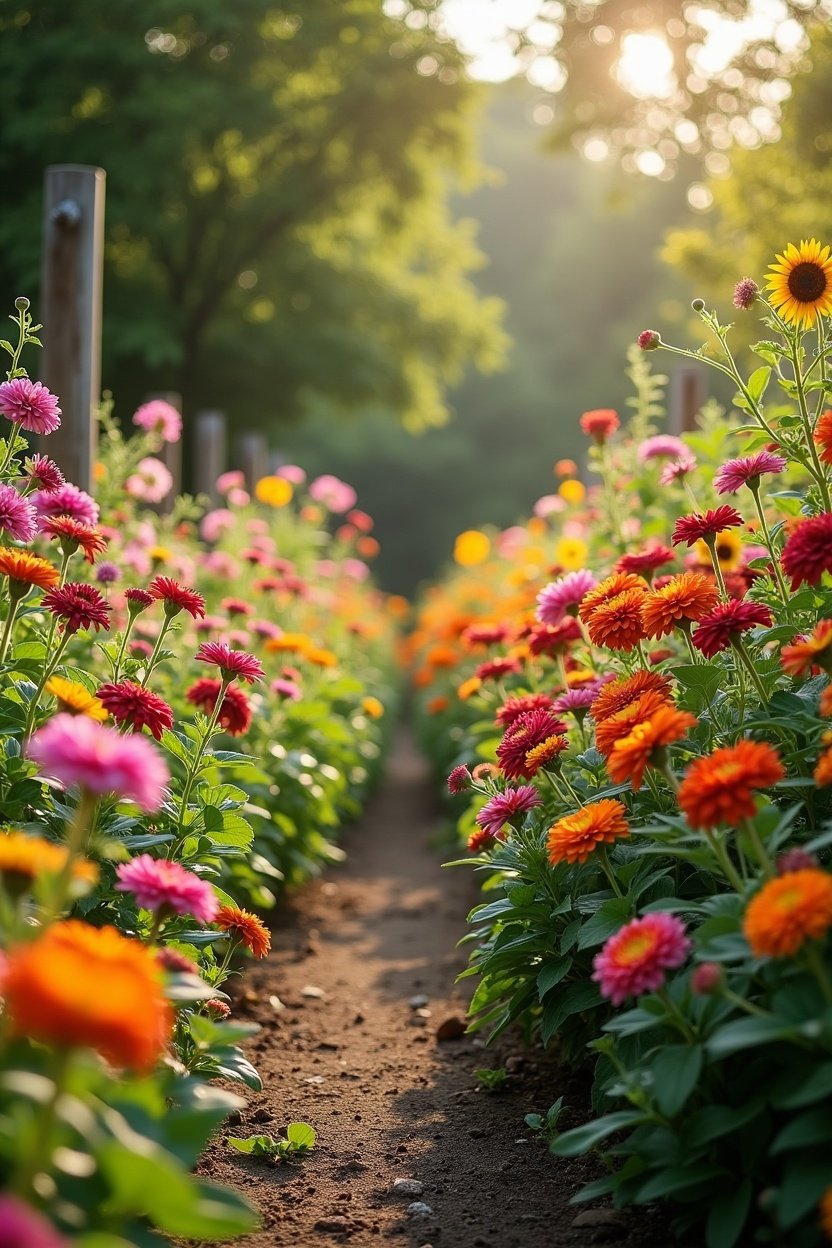 Beautiful backyard cutting garden in full bloom with rows of colorful zinnias dahlias and sunflowers, garden path between rows, summer morning golden light, lush flower abundance