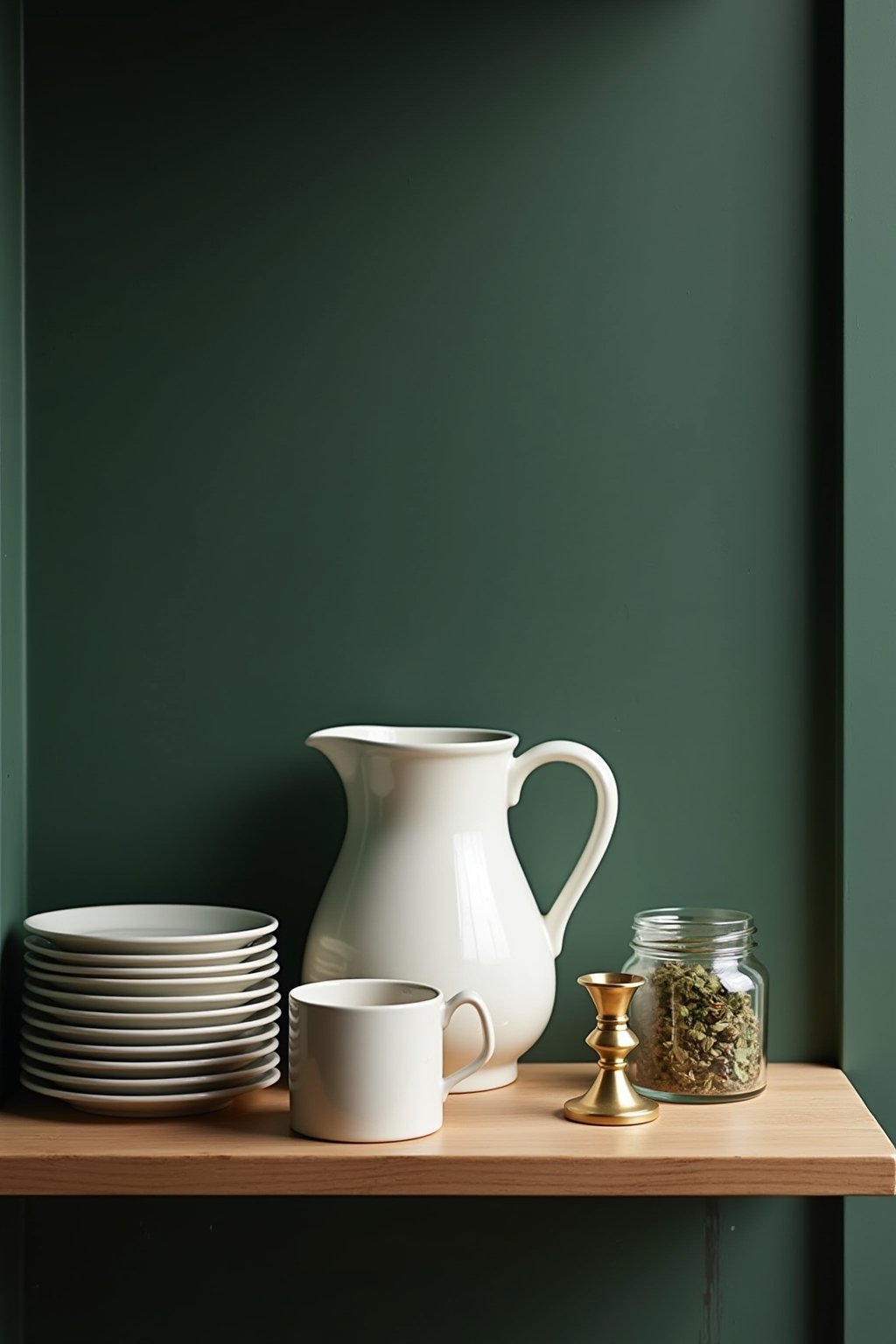 Close-up of dark cottagecore kitchen shelf styling against deep green wall, vintage white ceramic pitcher, stack of ironstone plates, small brass candlestick, dried herbs in glass jar, warm lightin...