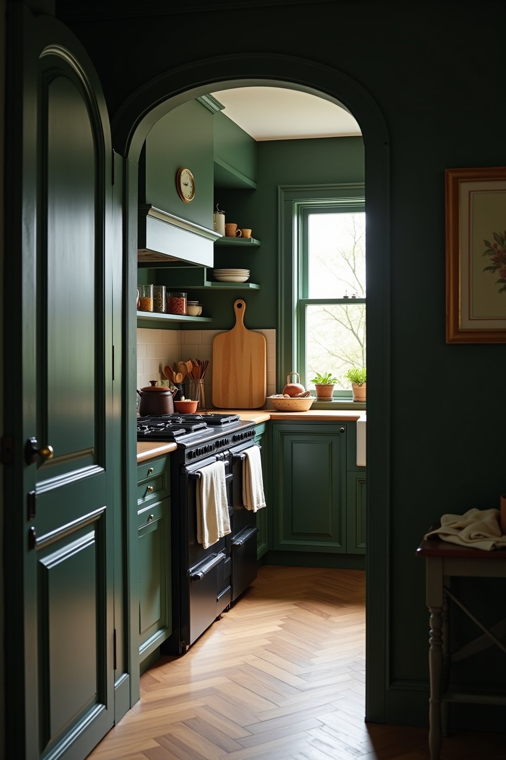 View from kitchen doorway into a dark cottagecore kitchen showing depth, dark green walls, cream linens draped over oven handle, vintage bread board leaning against backsplash, collected ceramics o...
