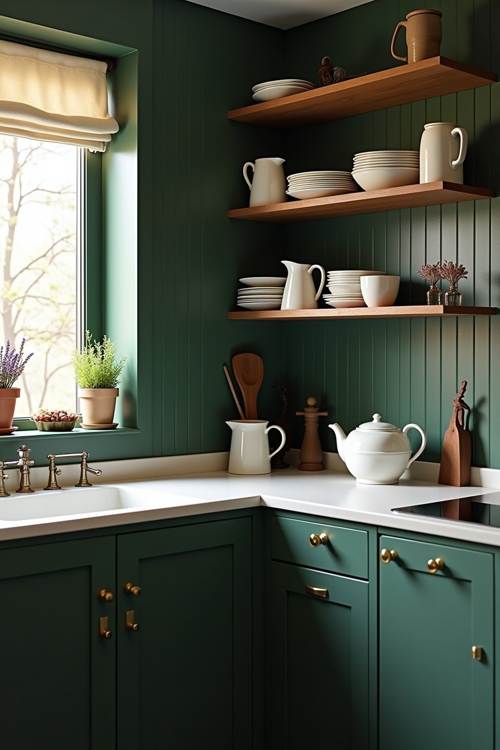 A dark cottagecore kitchen with deep hunter green painted walls and cabinets, open wood shelving with collected vintage white ceramics and pitchers, cream cafe curtains on window, dried lavender ha...