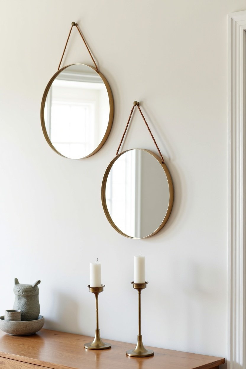 Gallery arrangement of three different-sized round mirrors with thin brass frames on a white wall above a dining room buffet, candlesticks reflected in mirrors, creating depth and warmth