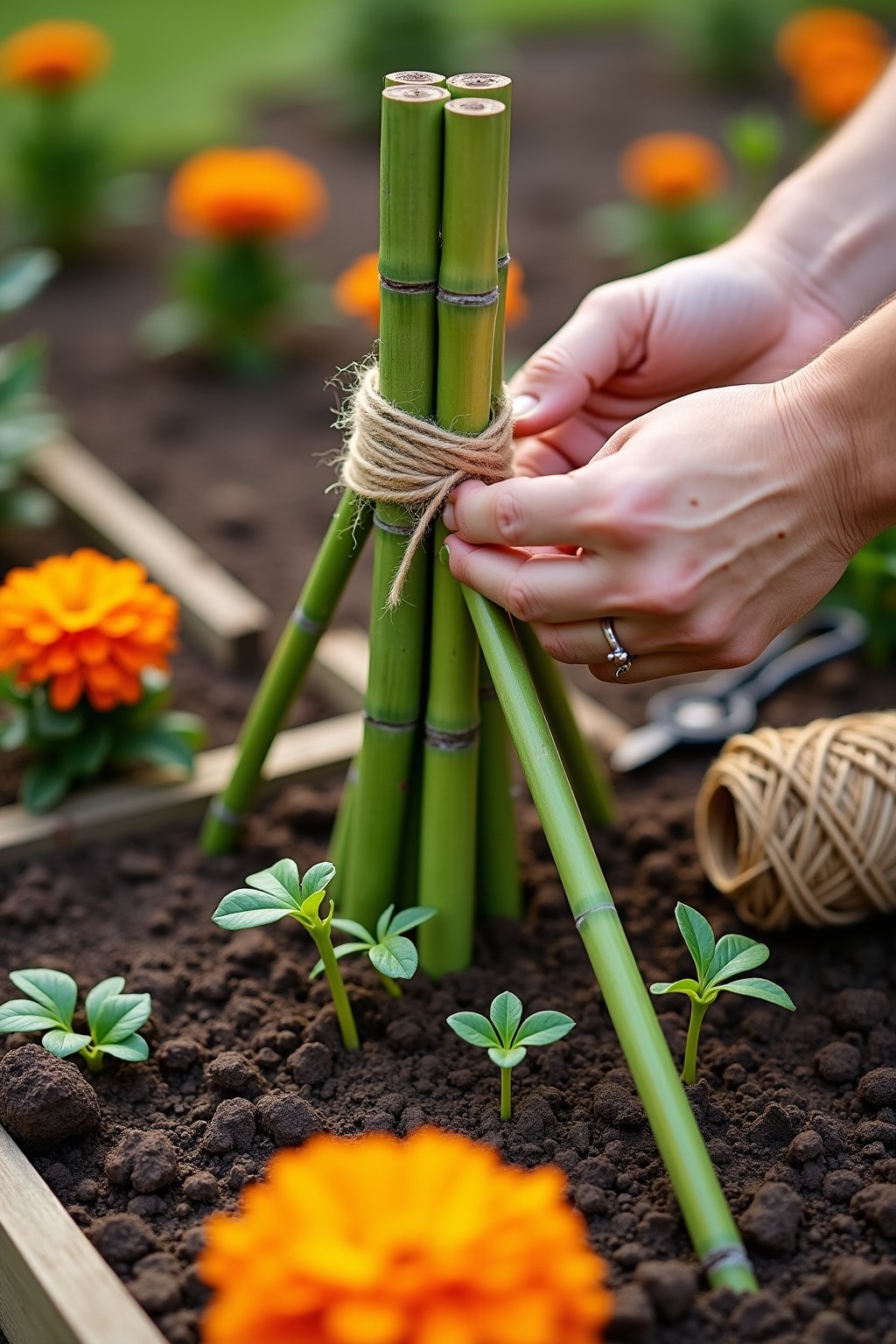 Close-up of hands building a bamboo teepee trellis in a garden bed, five green bamboo poles being tied together at the top with natural jute twine, small bean seedlings emerging at the base, a ball...