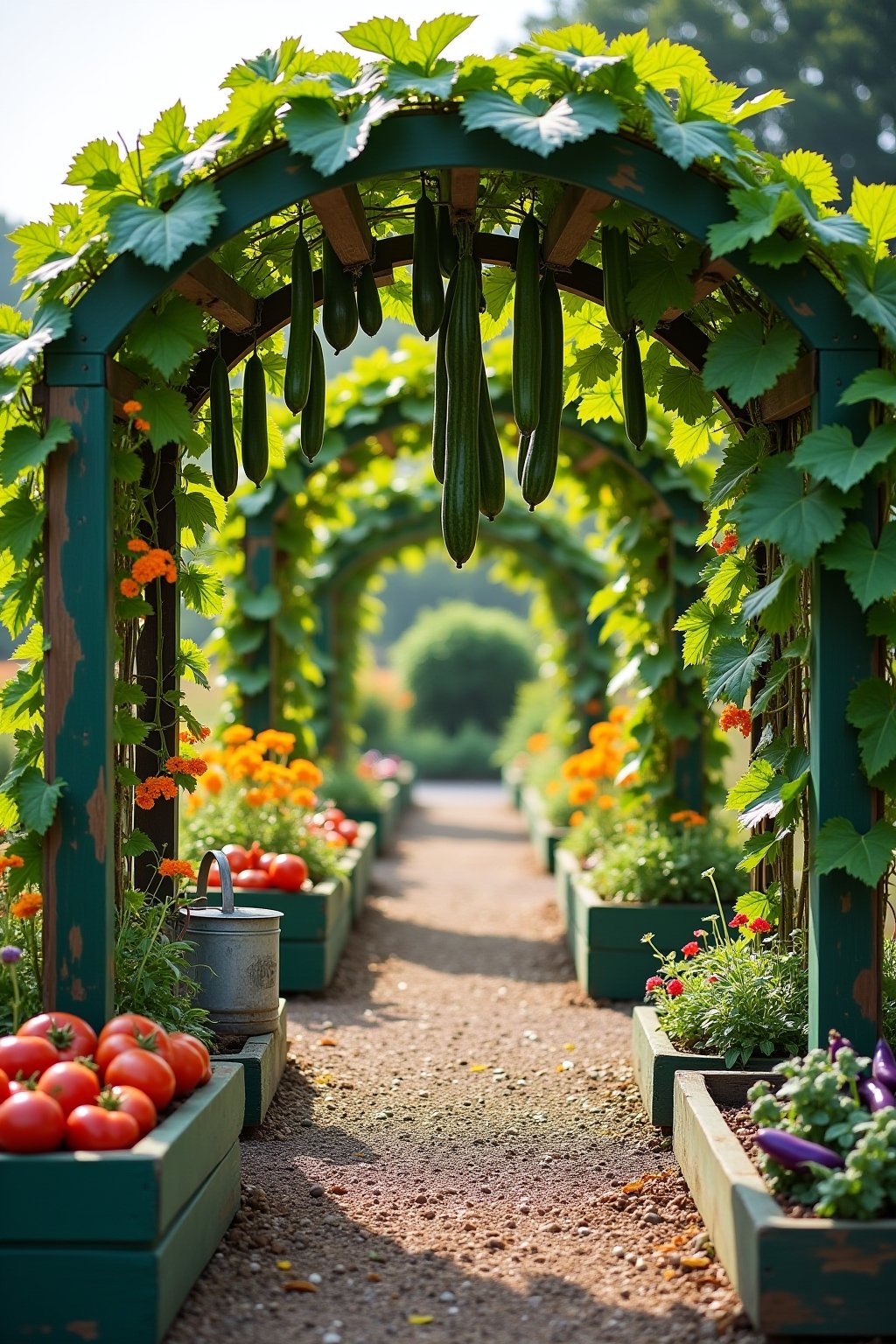 A stunning cattle panel arch trellis creating a garden tunnel, covered in green vines with ripe yellow and green cucumbers hanging down, purple pole bean pods visible, orange nasturtium flowers tra...