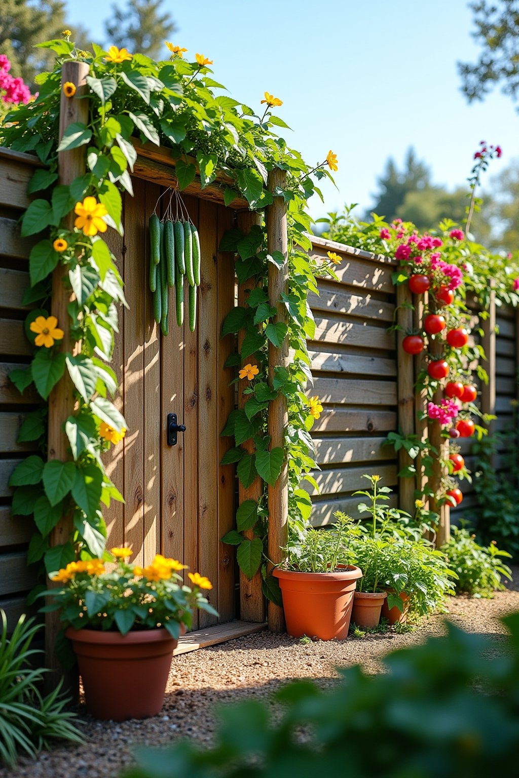 A beautiful small garden with multiple DIY trellises covered in lush climbing plants, an arch trellis made from cattle panel with green cucumbers and yellow flowers hanging down, a bamboo teepee tr...