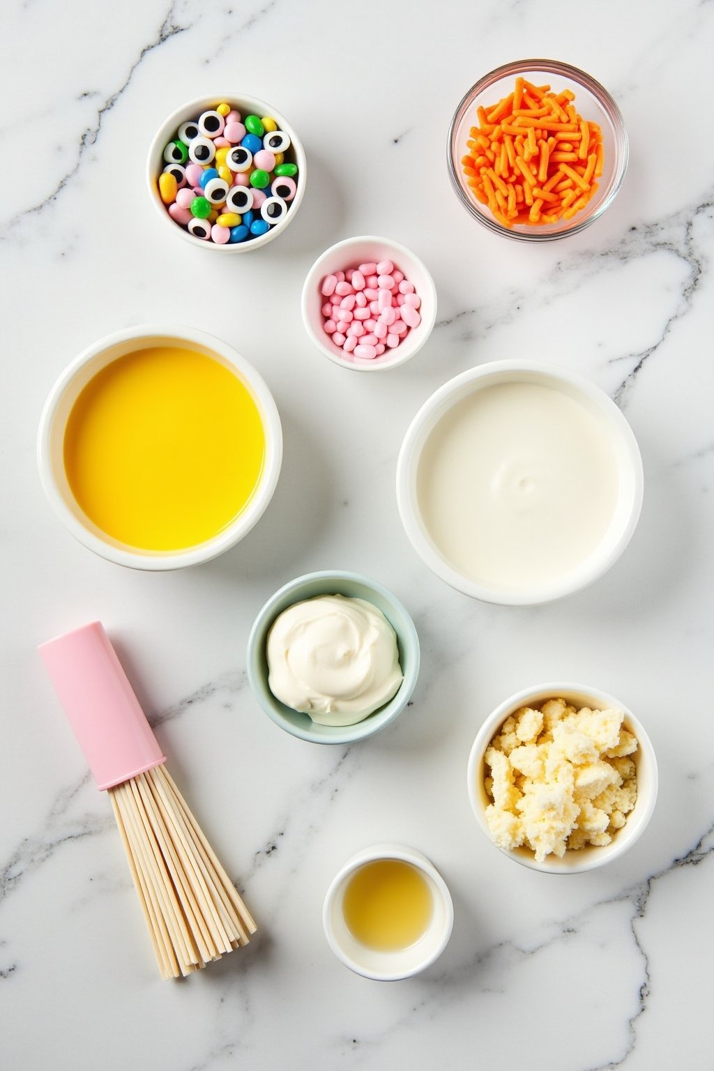 Flat lay mise en place of cake pop ingredients and decorating supplies on a marble countertop, bowls of yellow and white candy melts, candy eyes in a small bowl, lollipop sticks, pink candy melts, ...