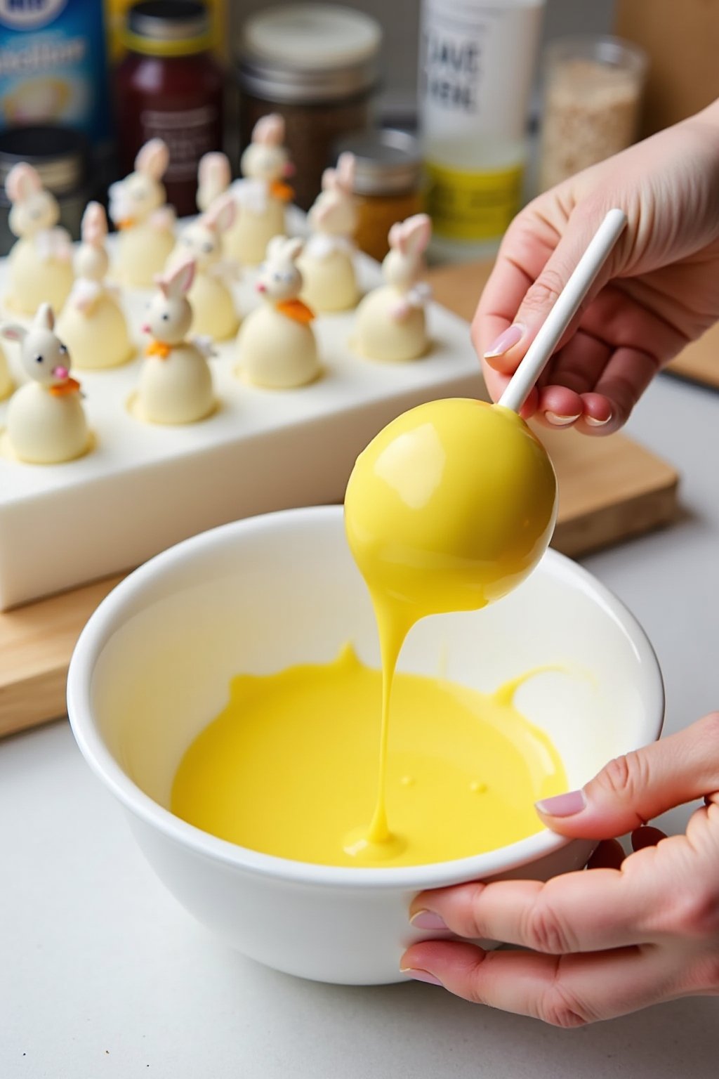 Action shot of hands dipping a cake ball on a lollipop stick into a bowl of melted smooth yellow candy coating, cake pop being lifted with smooth dripping coating, finished chick and bunny cake pop...