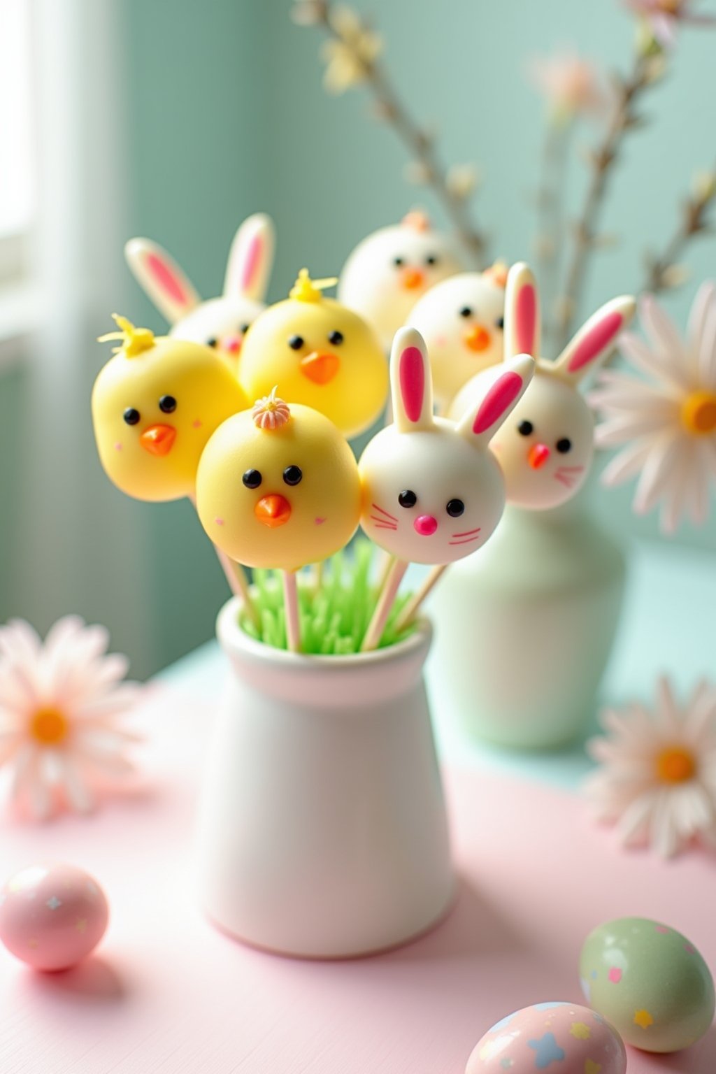 Adorable Easter cake pops displayed upright in a pastel Easter setting, half shaped as cute yellow chicks with candy eyes and tiny orange beaks, half as white bunnies with pink candy ears and whisk...